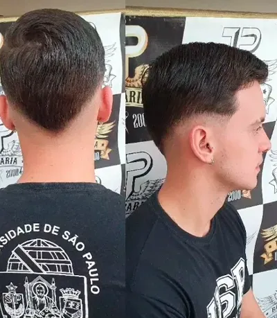 Corte clássico com risca lateral e fade, vistas de frente e de trás, barbearia em São Carlos