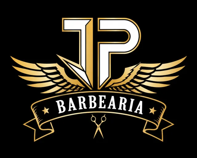 Brasão dourado com as iniciais JP, escudo da JP Barbearia — barbearia e cabeleireiro em São Carlos